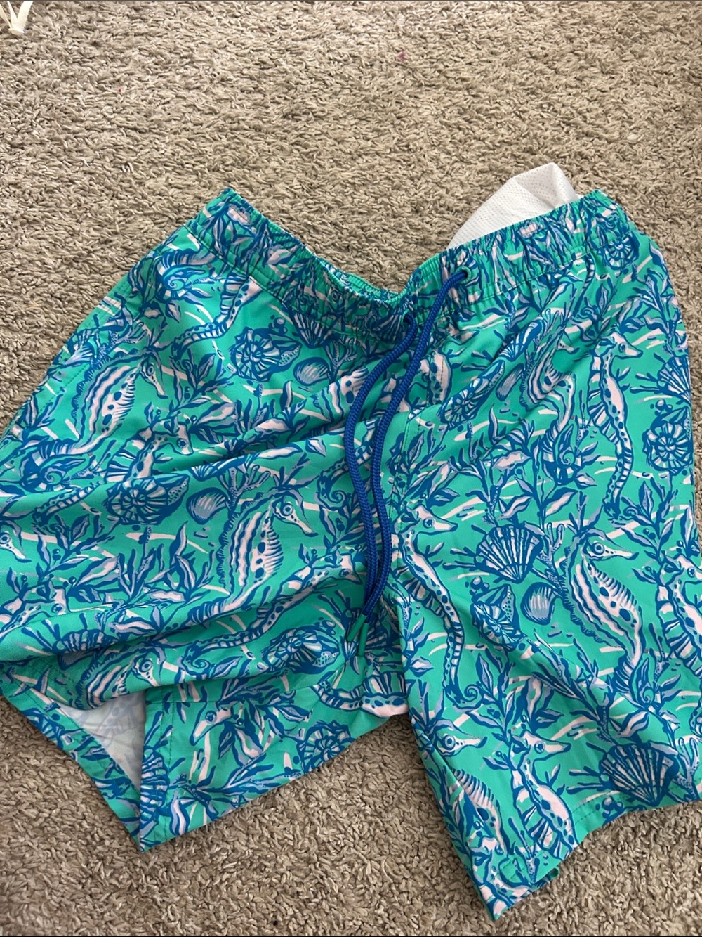 Vineyard Vines Teal & Blue Seahorse Print Swim Trunks